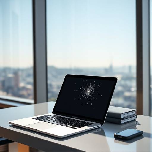 A sparkling clean Macbook Pro on a modern desk in San Francisco, overlooking the city skyline.